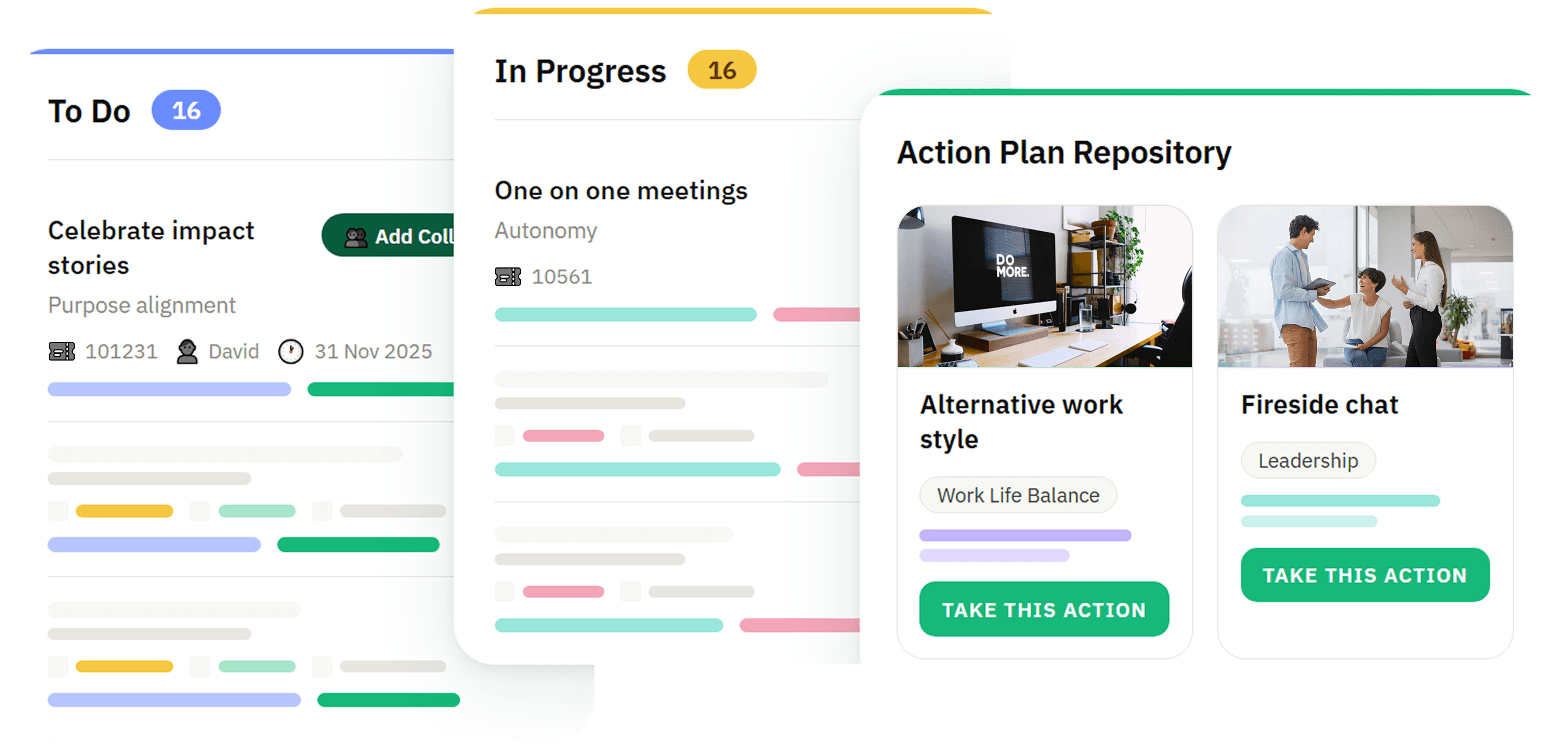 CultureMonkey action plan kanban board showing To Do, In Progress and action plan repository