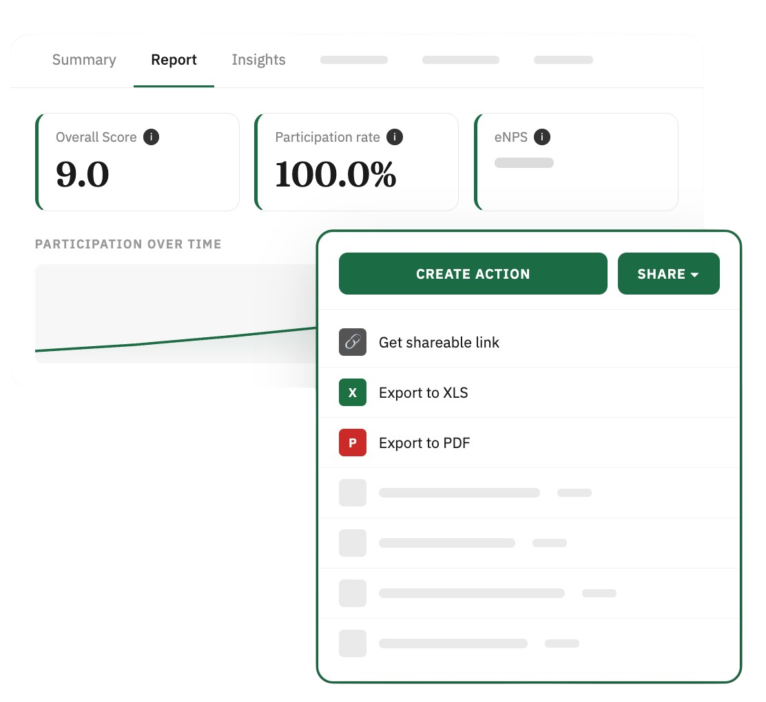 CultureMonkey report sharing with PDF, Excel and shareable link options