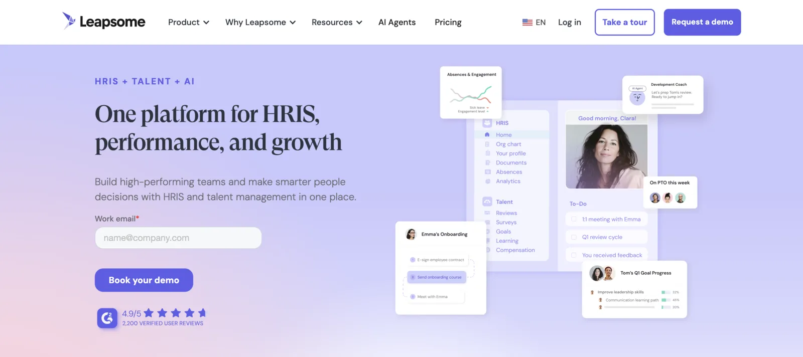 Leapsome engagement survey dashboard showing OKR alignment and team sentiment scores
