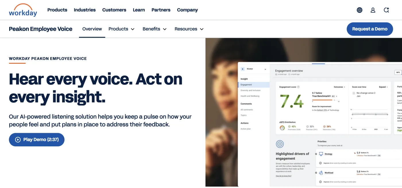 Workday Peakon continuous listening dashboard with attrition risk indicators and engagement driver breakdown