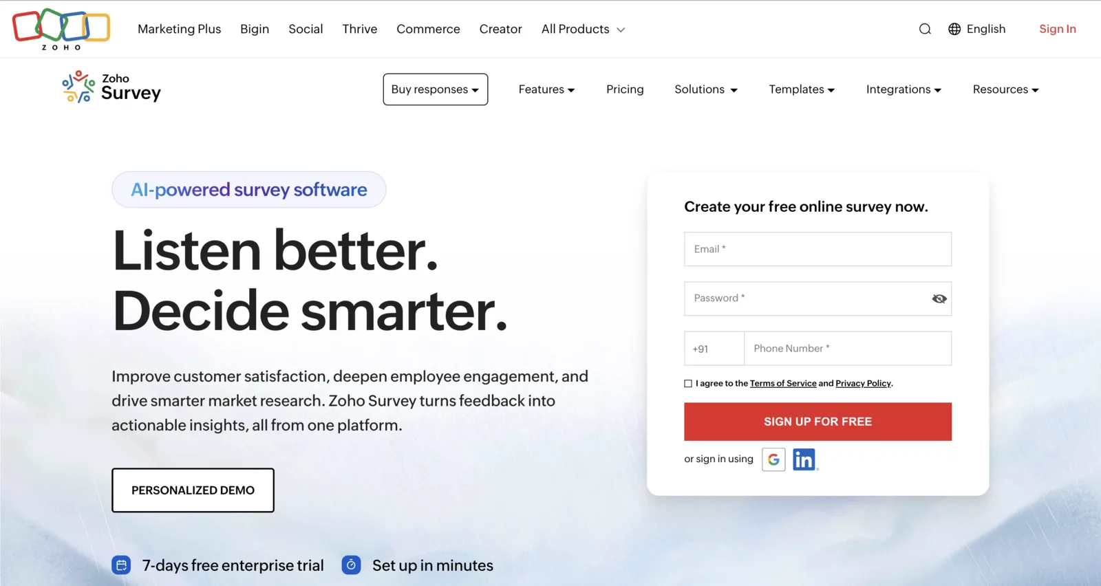 Zoho Survey builder showing survey design templates and distribution options