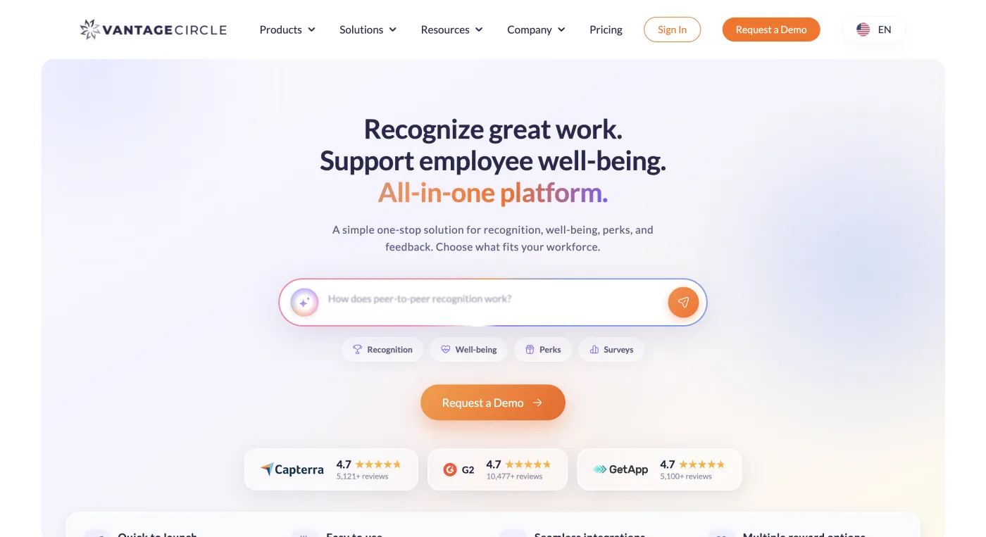 Vantage Circle homepage — Rewards and motivation, July 2026
