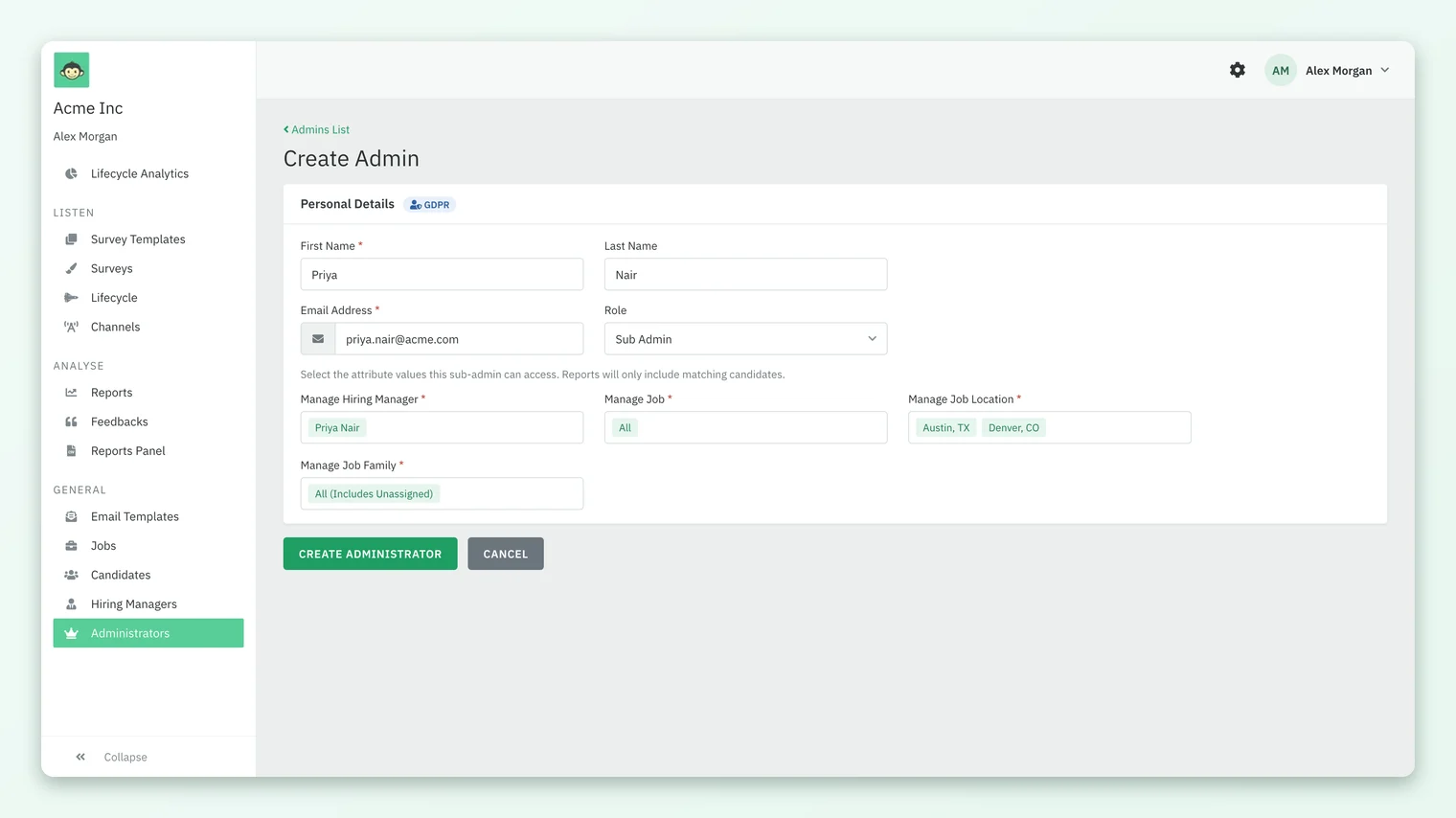 The Create Admin form for the candidate module, with Role set to Sub Admin and Manage Hiring Manager, Manage Job, Manage Job Location and Manage Job Family fields