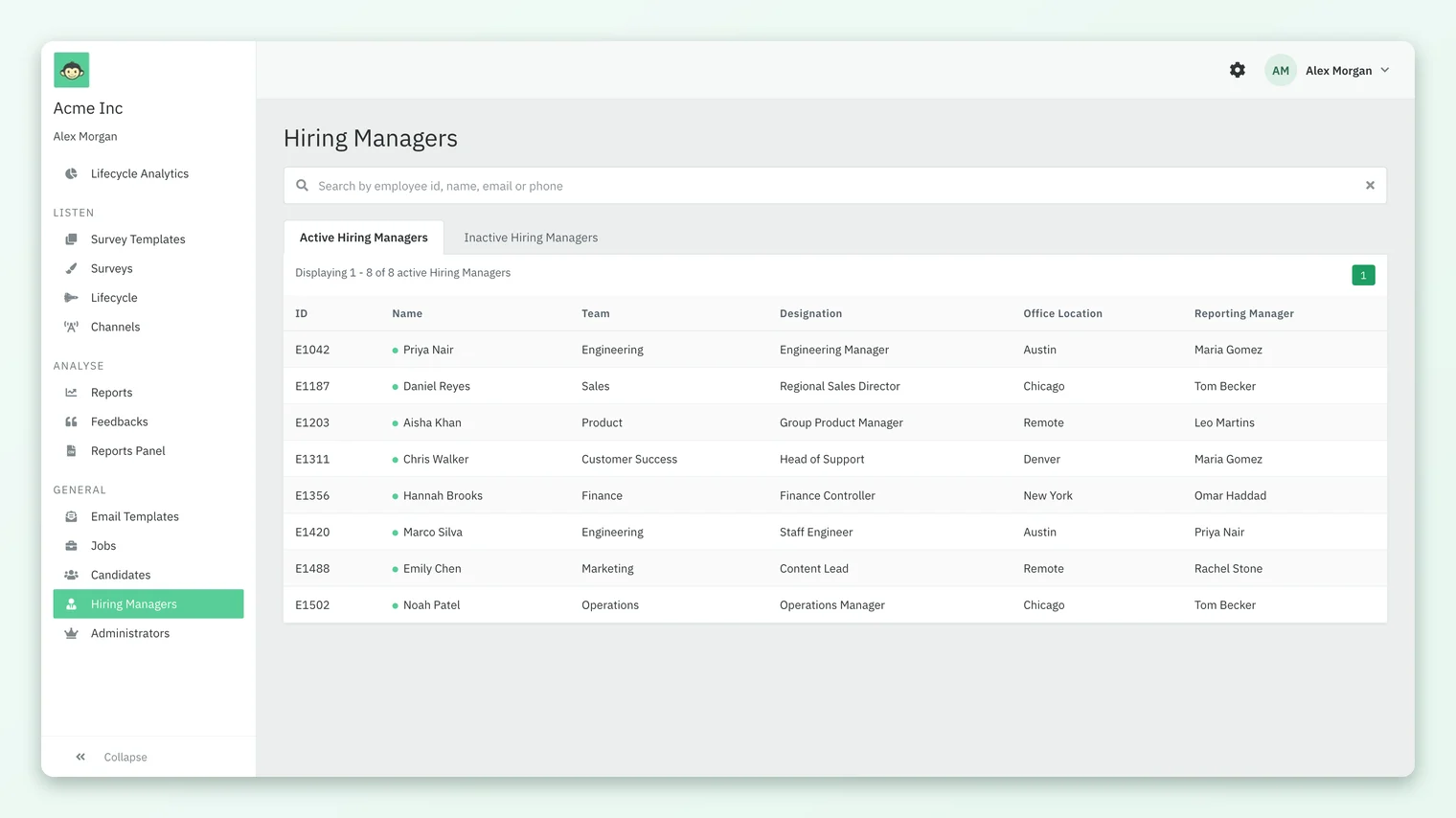 The CultureMonkey Hiring Managers page listing active hiring managers with ID, Name, Team, Designation, Office Location and Reporting Manager columns.