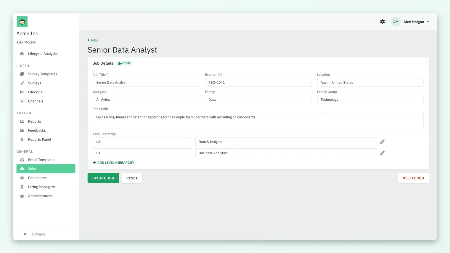 A job open for editing in CultureMonkey, with Job Details fields for Job Title, External ID, Location, Category, Family, Family Group, Job Profile and two Level Hierarchy rows.