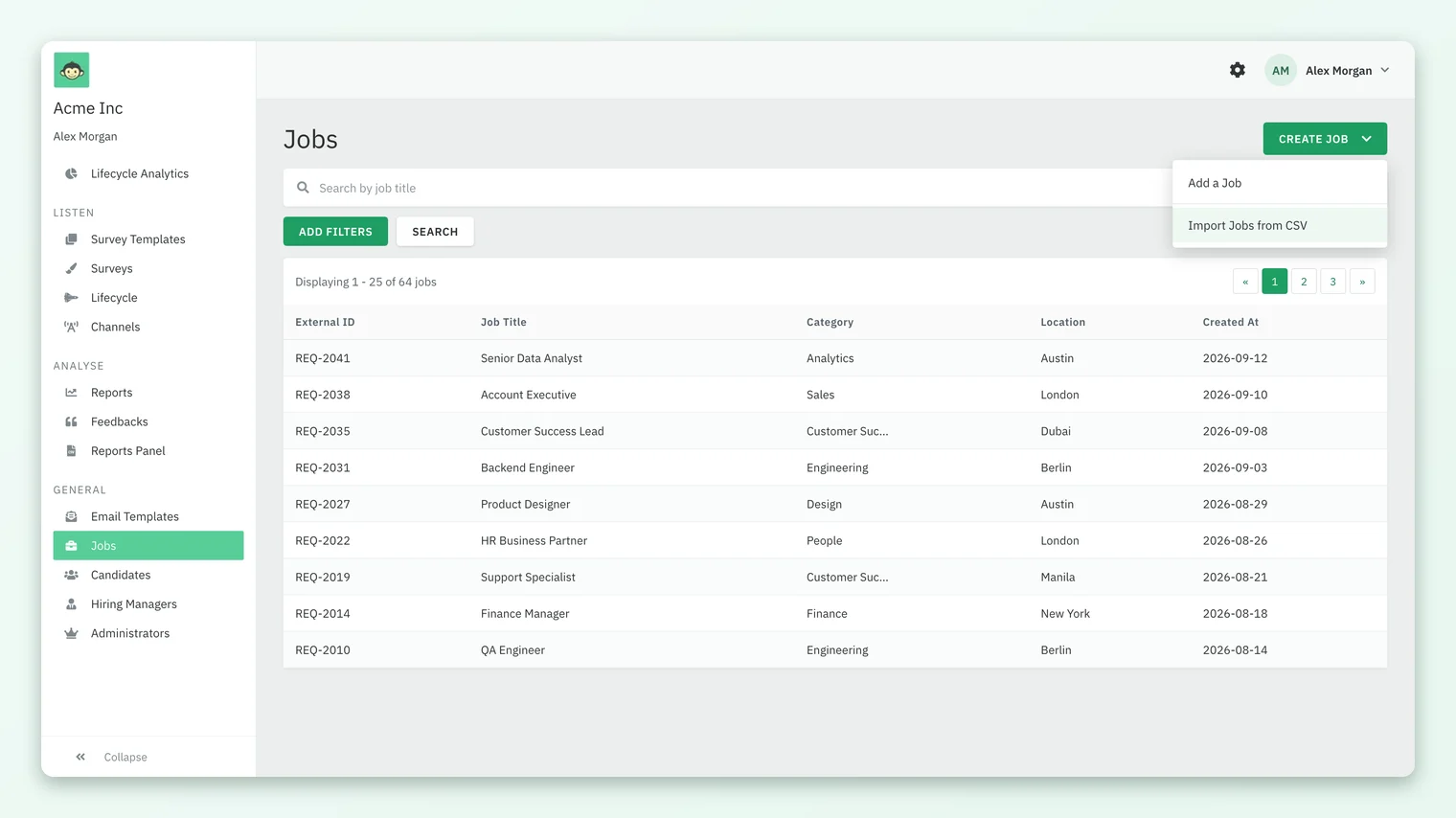 The Jobs list in CultureMonkey's candidate module with the Create Job menu open, showing Add a Job and Import Jobs from CSV above a table of jobs with External ID, Job Title, Category, Location and Created At.