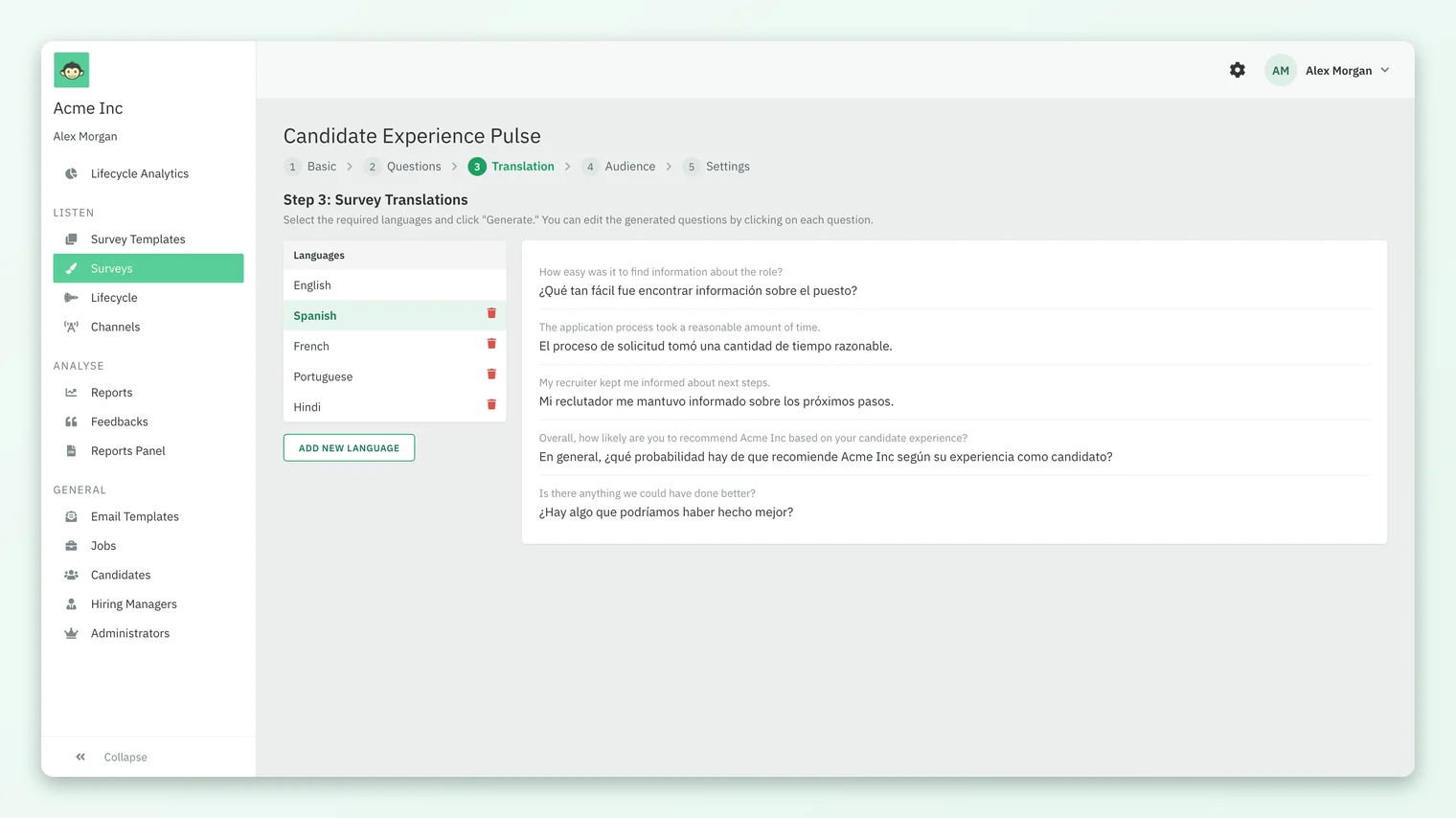 The Translation step of a CultureMonkey candidate survey, with a Languages list of English, Spanish, French, Portuguese and Hindi, and each question shown in English above its Spanish translation.