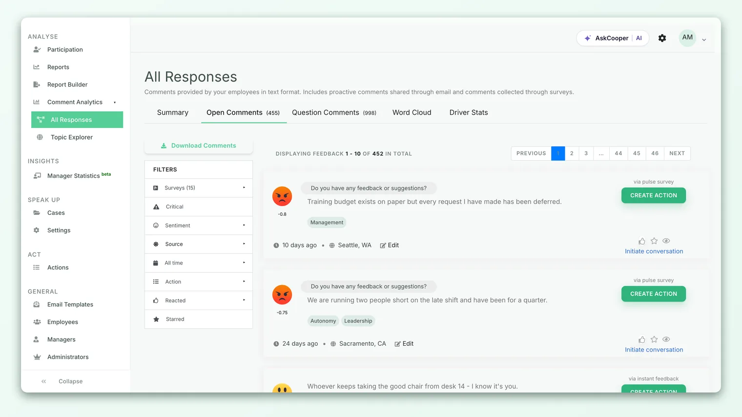 The Feedback module in CultureMonkey, listing open comments from across surveys with sentiment faces, driver tags, and source badges.