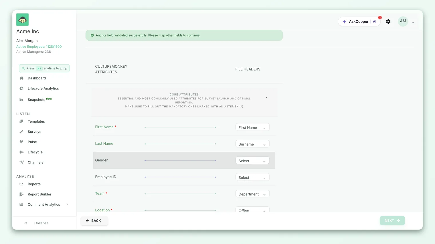 The Employee Attribute Mappings page, showing each provider field matched to a CultureMonkey attribute.