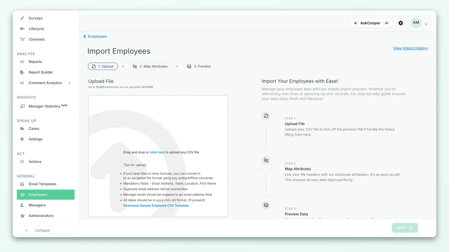 The employee import screen where you upload a CSV and see the validation result.
