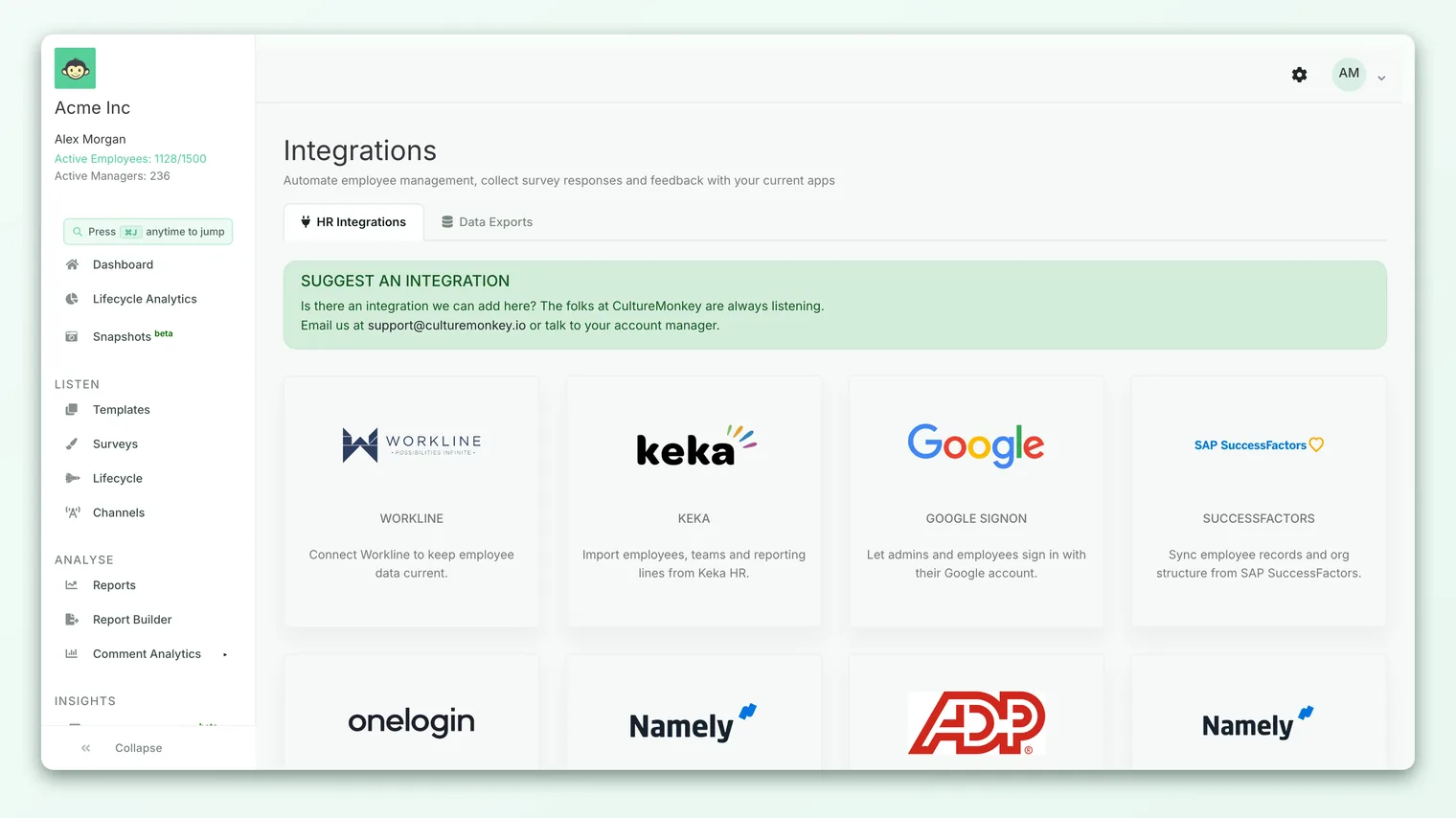 The Integrations hub in CultureMonkey, where connected HRIS systems like Keka appear.
