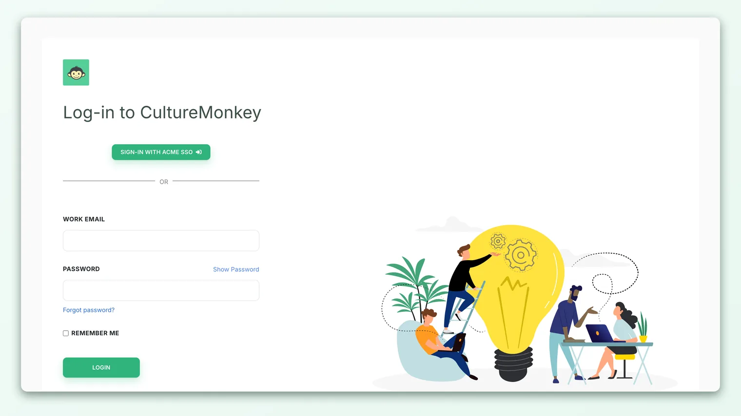 The CultureMonkey sign-in screen with Work Email and Password fields, the Sign in button, and the Forgot password link.
