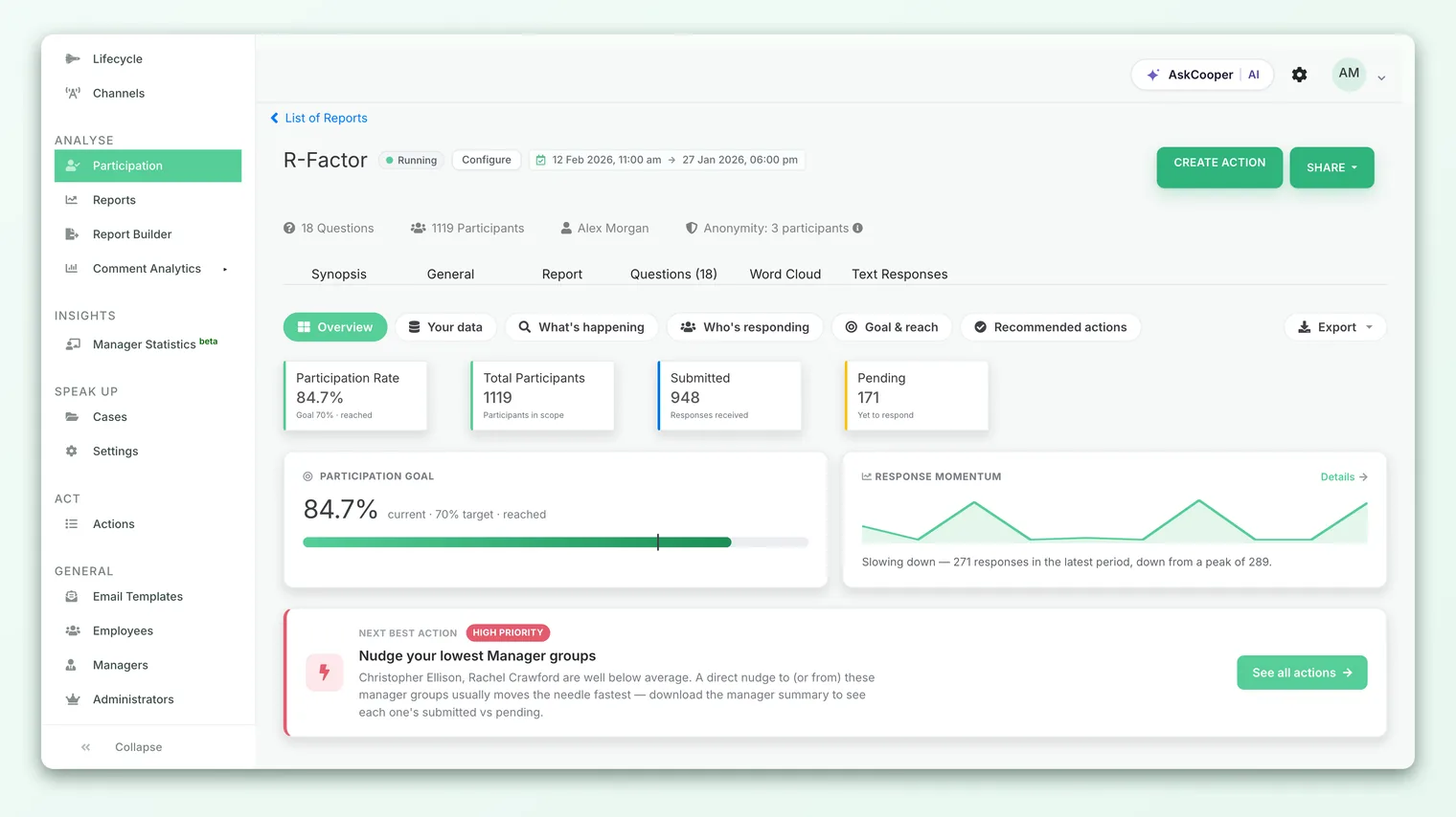 The Reports view, where participation and response counts are broken down by survey and segment.