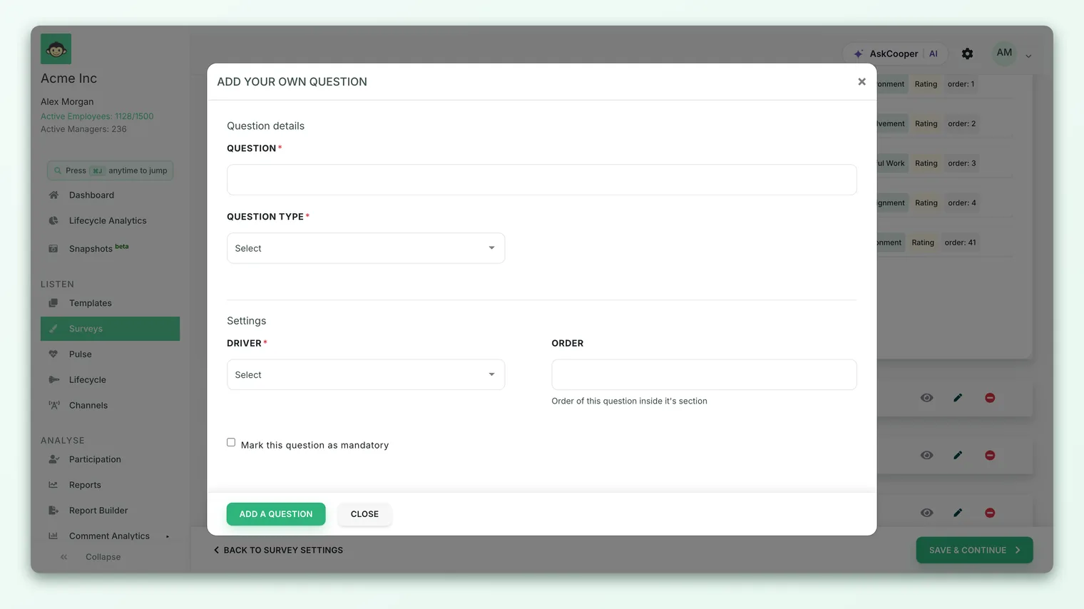 The survey builder open on the Questions step, where each question is assigned to a driver.