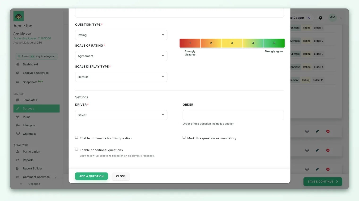 The CultureMonkey survey builder, editing a question with the conditional-questions panel open.