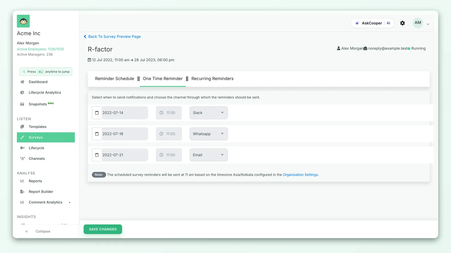 The Recurring Reminders tab on a survey, showing a start date, optional end date, and rows pairing a weekday with a channel.