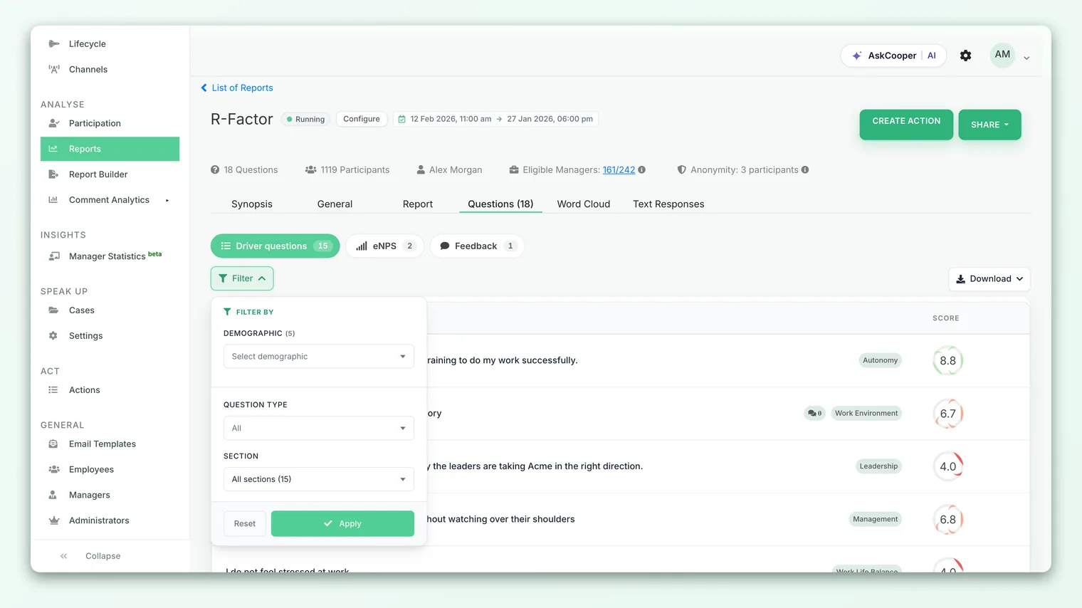 A survey report with demographic filter controls at the top; a single active filter re-scopes every number on the page.