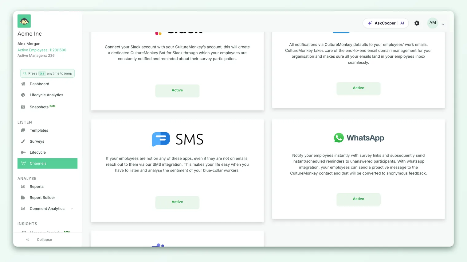 The survey settings step with SMS selected as the launch channel, alongside email and other options.