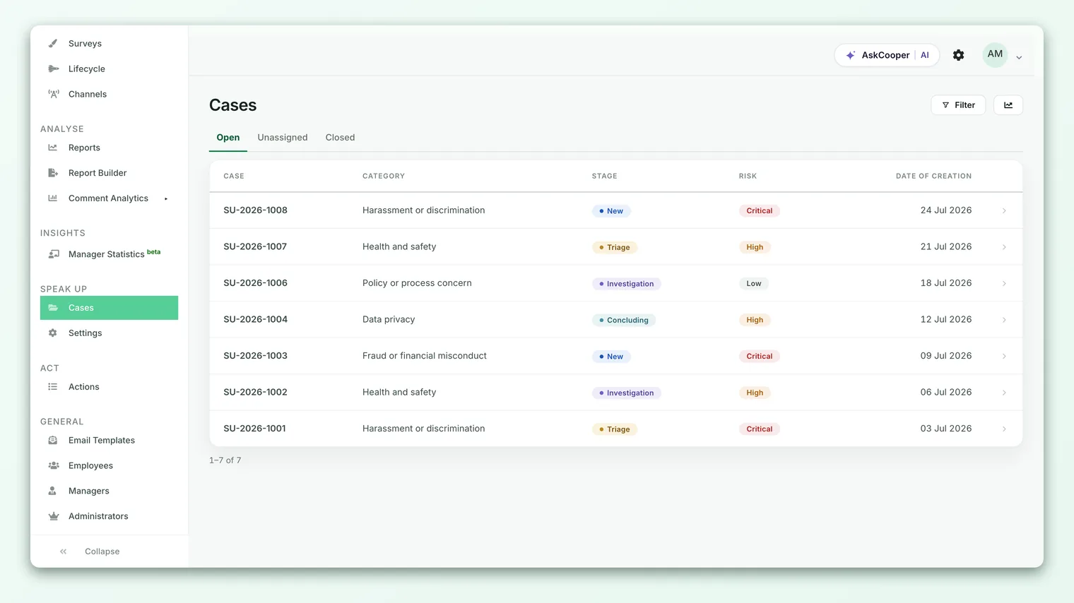 The Speak Up Cases list showing report numbers, category, risk, stage and creation date, with a Filter button.