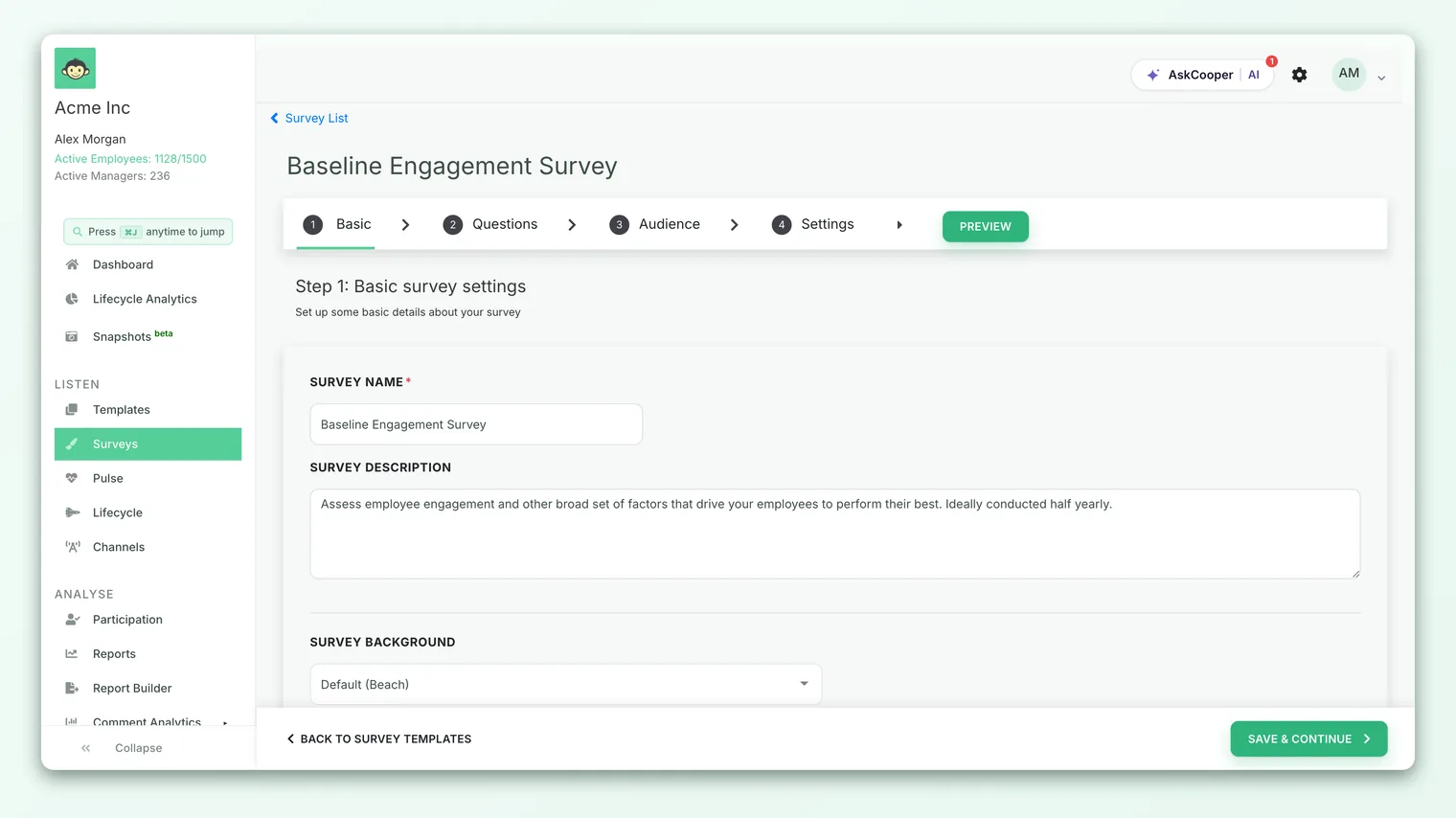 The survey builder's Basic step, where you set the survey's logo, background and messages.