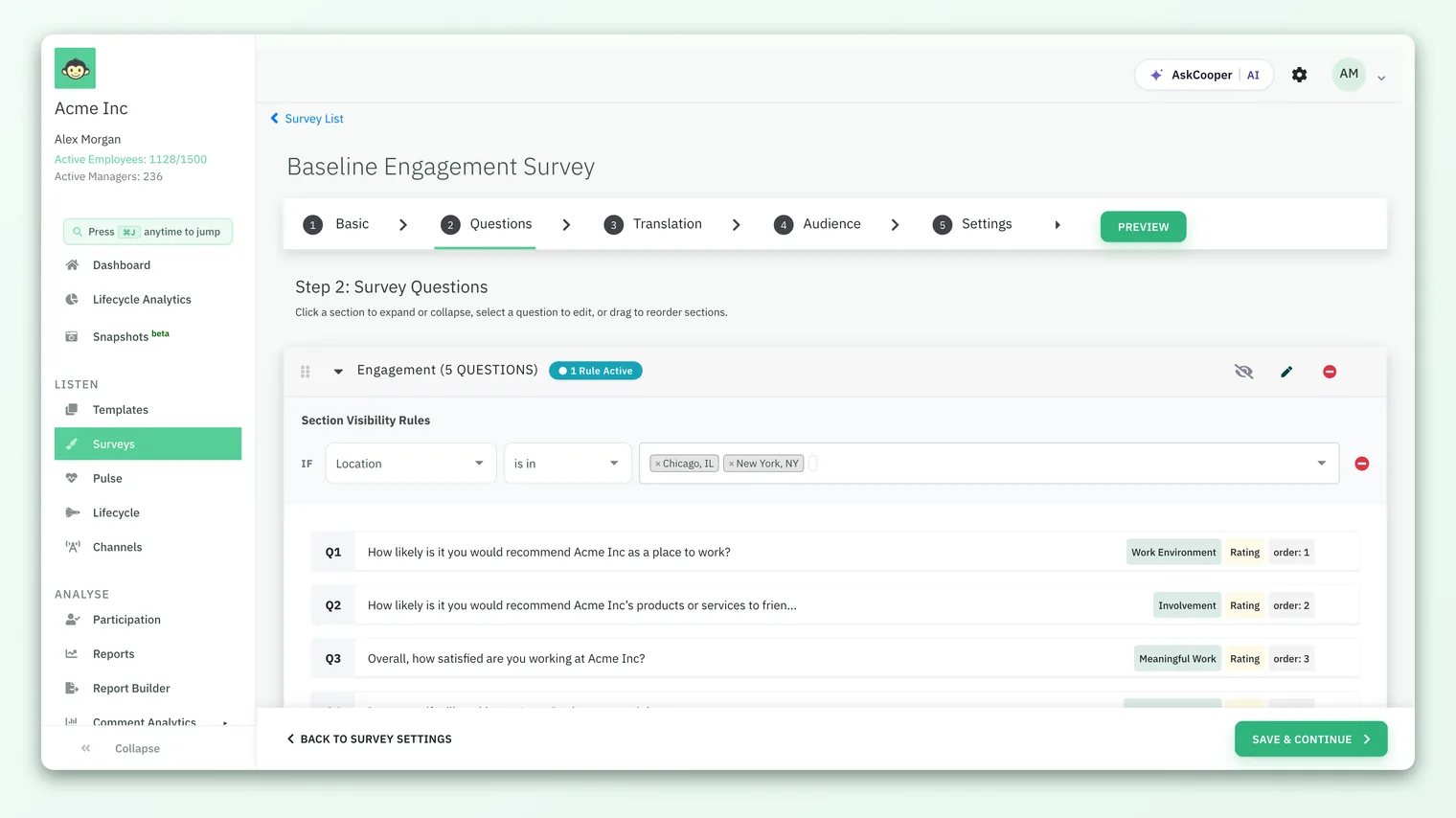 The survey builder, showing the sections and questions that a clone carries over intact.