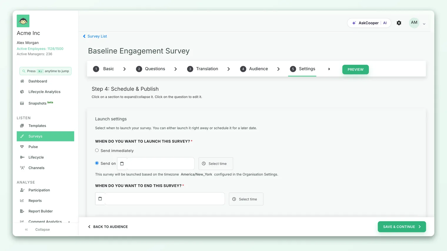 The survey Settings step, where Email is the default launch channel and the schedule is set.