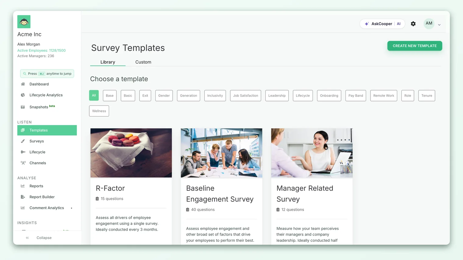 The CultureMonkey template library showing a grid of template cards, category filter pills, and Library and Custom tabs.