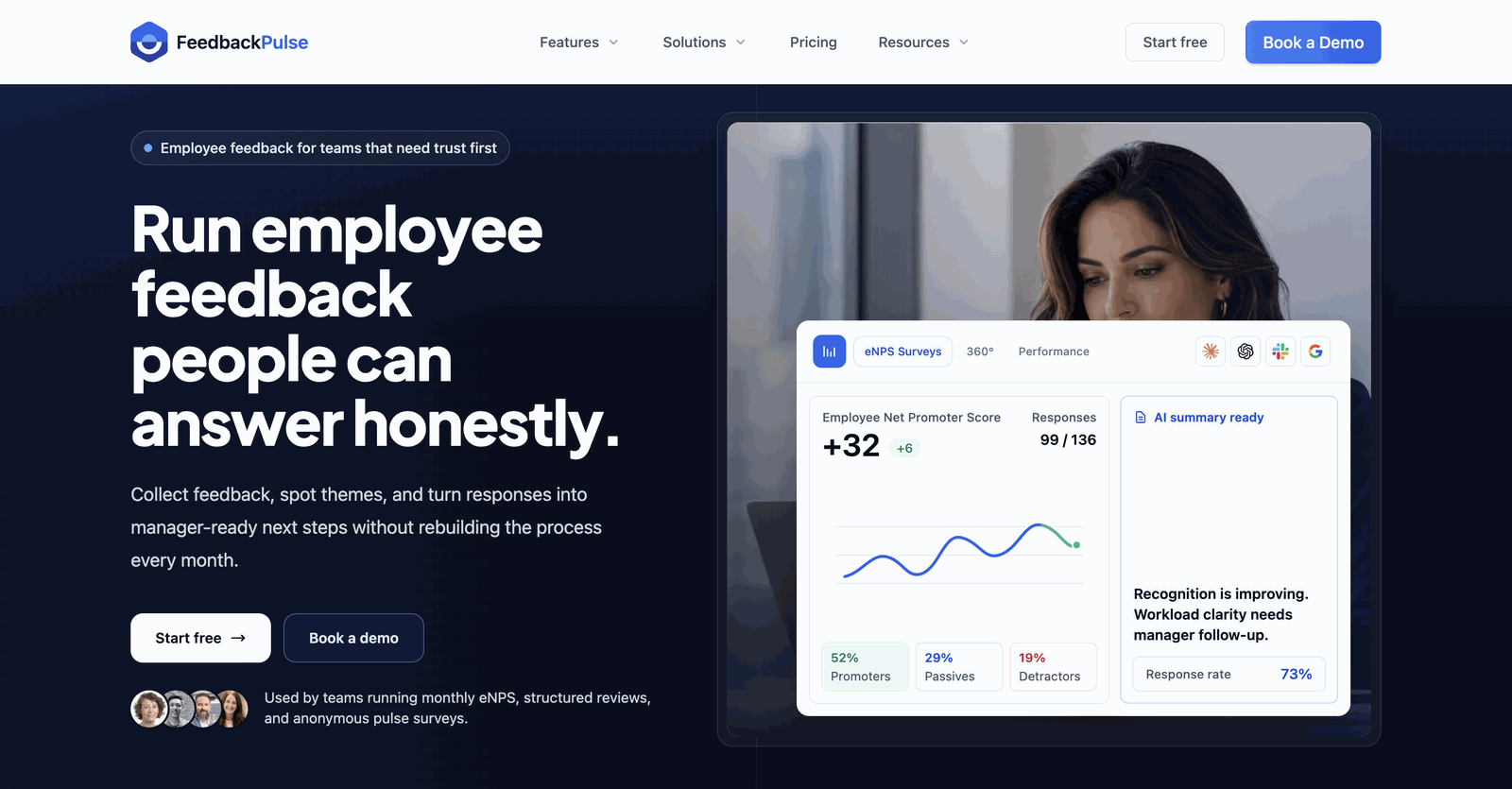 FeedbackPulse - employee feedback platform with eNPS surveys and AI summary
