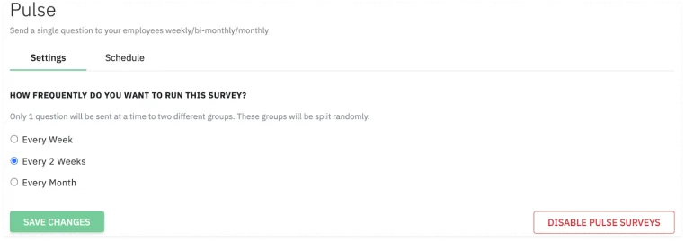 The CultureMonkey pulse setup screen showing the three frequency options: every week, every two weeks and every month