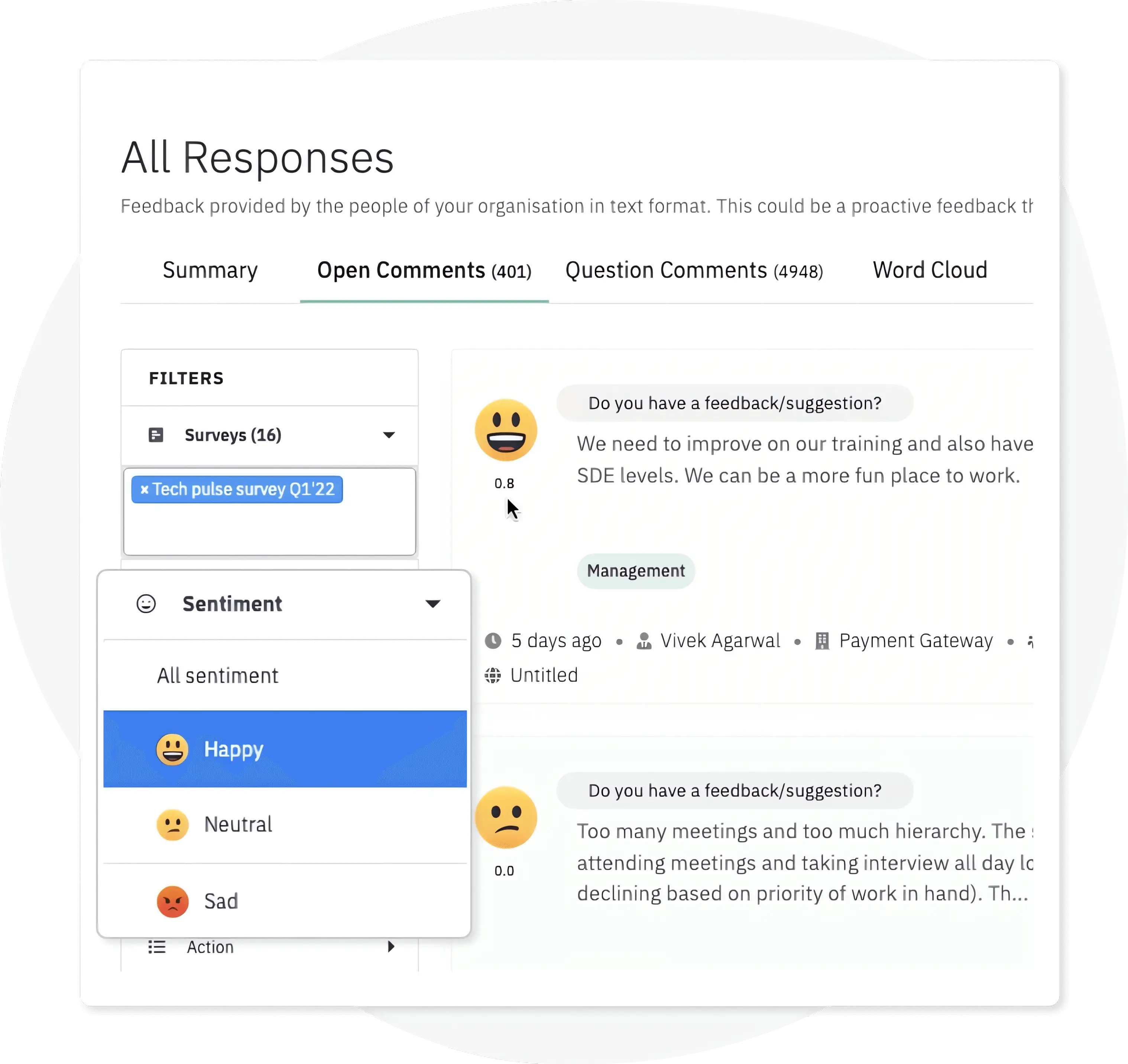 Get in depth view of your employee's positive and negative feedback using our rich filter module