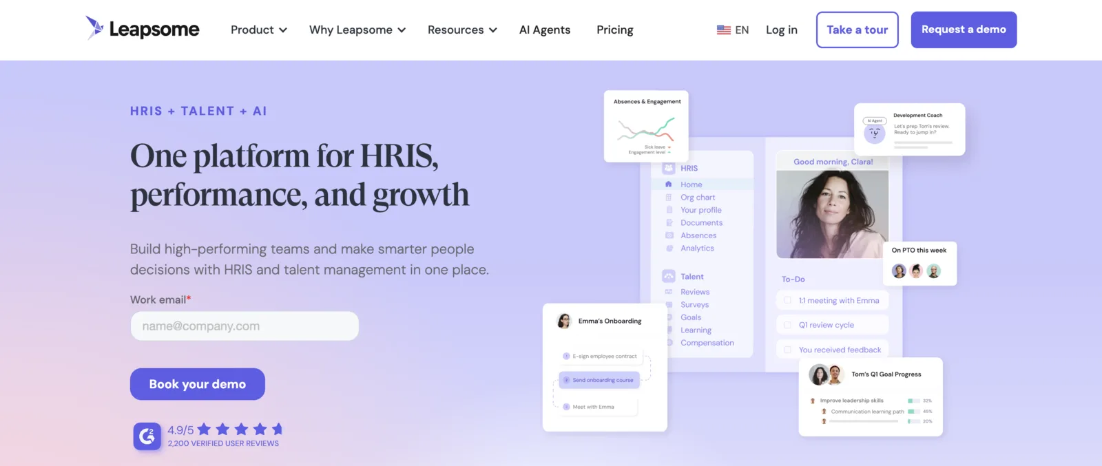 Leapsome people enablement platform showing pulse survey insights connected to performance review and learning paths